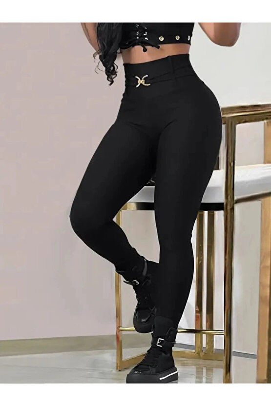 Kadın Yüksek Bel Belden Toka Detaylı Dalgıç Tayt