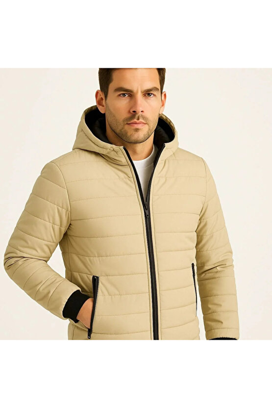 Erkek Şişme Kapüşonlu Fermuarlı Mont Su itici Kapitone Astarlı Kumaş Cepli Kışlık Rahat Kalıp - Bej