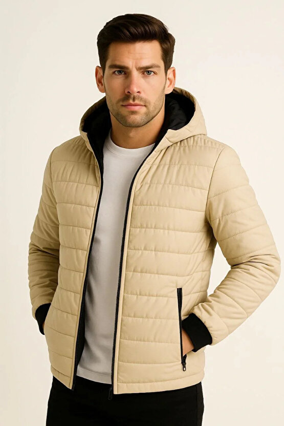Erkek Şişme Kapüşonlu Fermuarlı Mont Su itici Kapitone Astarlı Kumaş Cepli Kışlık Rahat Kalıp - Bej