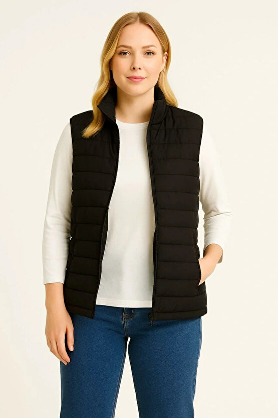 Kadın Şişme Fermuarlı Yelek Su itici Kapitone Astarlı Kumaş Cepli Hafif Kışlık Spor Rahat Kalıp - Si