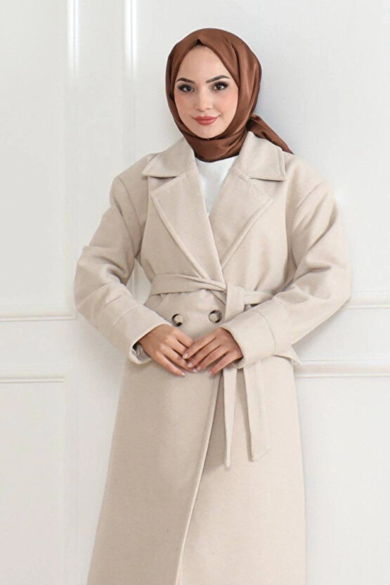 Kaşe Kaban – Uzun Boy Kruvaze Yaka Kuşaklı Tesettür Kaşe Kışlık Kaban, Astarlı Şık Yünlü Dokuma Over