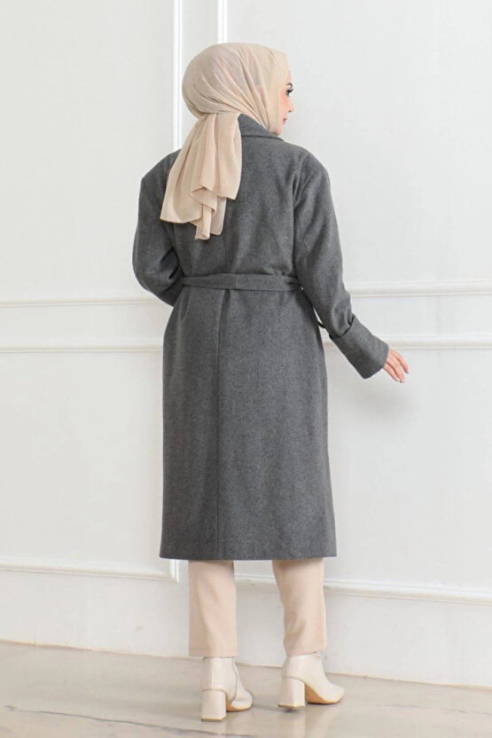 Kaşe Kaban – Uzun Boy Kruvaze Yaka Kuşaklı Tesettür Kaşe Kışlık Kaban, Astarlı Şık Yünlü Dokuma Over