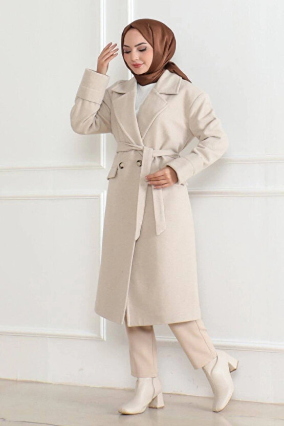 Kaşe Kaban – Uzun Boy Kruvaze Yaka Kuşaklı Tesettür Kaşe Kışlık Kaban, Astarlı Şık Yünlü Dokuma Over