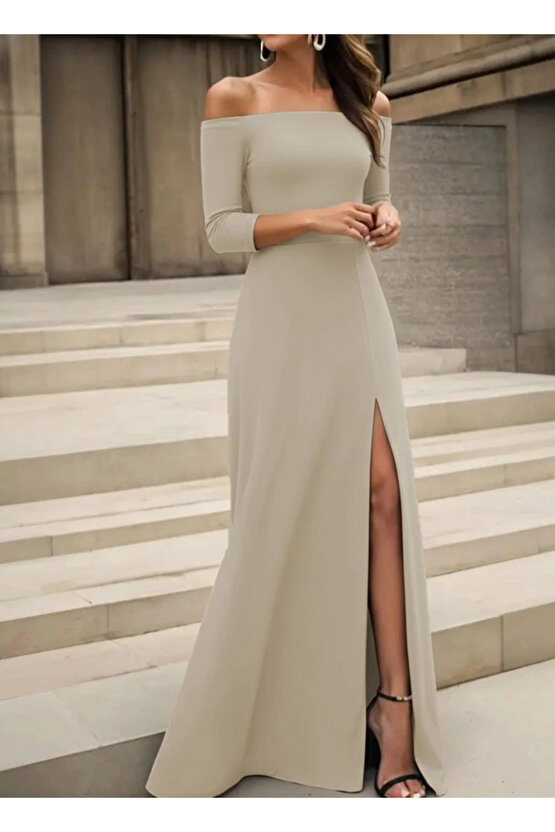 Kadın Uzun Kollu Madonna Yakalı Yırtmaç Detaylı Uzun Ithal Krep Elbise