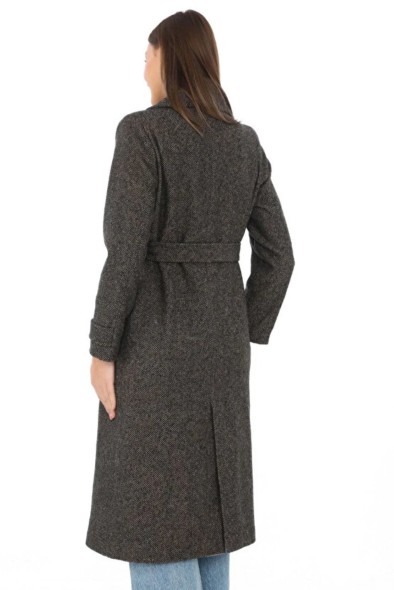 Kadın Balık Sırtı Kaşe Kaban – Uzun Boy Kruvaze Yaka Kuşaklı Astarlı Kışlık Tesettür Kaban, Yünlü Do