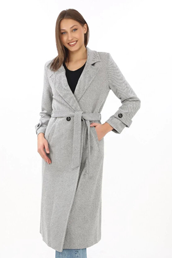 Kadın Balık Sırtı Kaşe Kaban – Uzun Boy Kruvaze Yaka Kuşaklı Astarlı Kışlık Tesettür Kaban, Yünlü Do