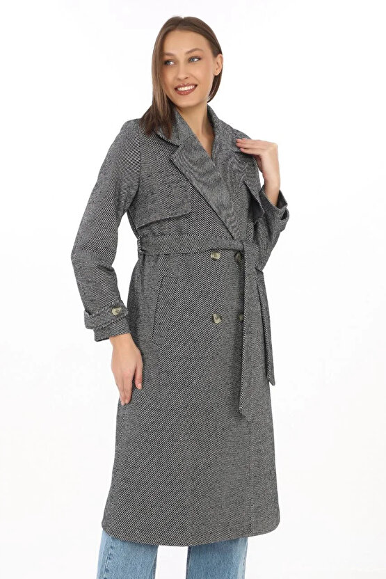 Kadın Uzun Kaşe Kaban – Balık Sırtı Dokuma Kaşmir Kumaş, Kruvaze Yaka, Kuşaklı Cepli Model, Oversize