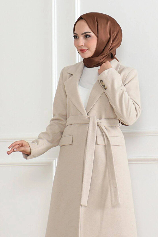 Kadın Kaşe Kaban – Uzun Boy Kruvaze Yaka, Kuşaklı Tesettür Kışlık Kaban, Astarlı Şık Yünlü Dokuma Ov