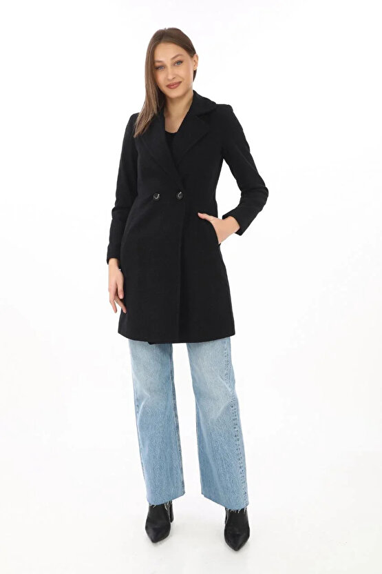 Kadın Kaşe Kaban – Siyah Yünlü Dokuma, Kruvaze Yaka, Astarlı, Cepli, Kuşaklı Uzun Boy Tesettür Uyuml