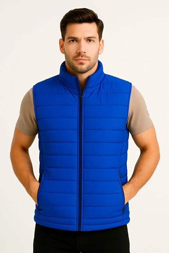 Erkek Şişme Fermuarlı Yelek Su itici Kapitone Astarlı Kumaş Cepli Hafif Kışlık Spor Rahat Ka