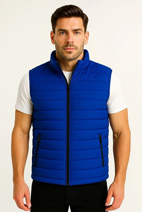 Erkek Şişme Fermuarlı Yelek Su itici Kapitone Astarlı Kumaş Cepli Hafif Kışlık Spor Rahat Ka