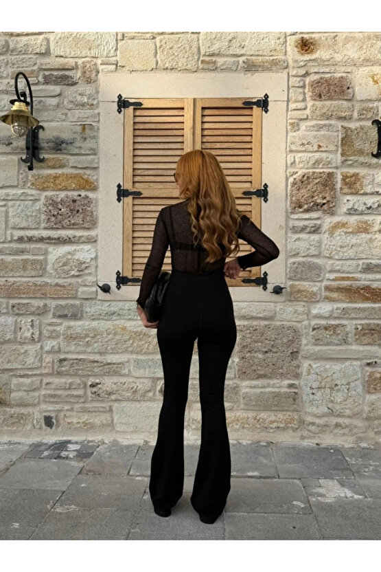 Kadın Yüksel Bel Düğme Ve Fermuar Detay çelik Kumaş Ispanyol Paça Tayt