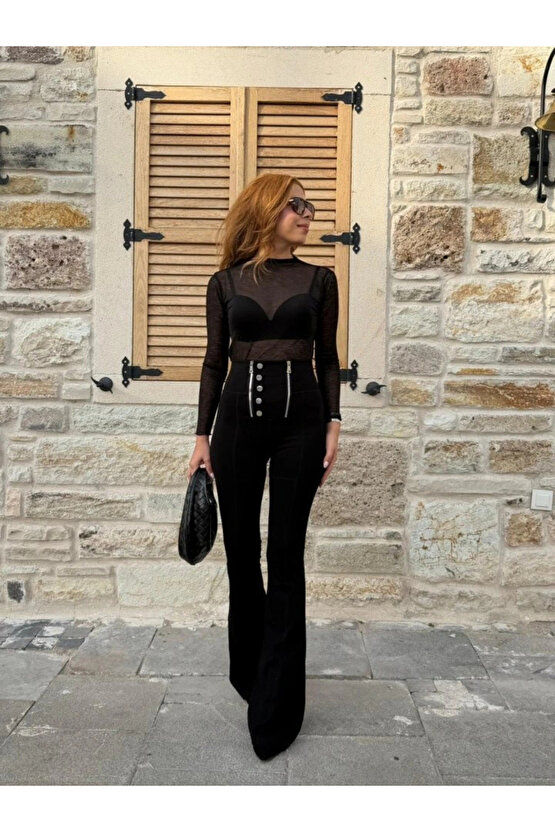 Kadın Yüksel Bel Düğme Ve Fermuar Detay çelik Kumaş Ispanyol Paça Tayt