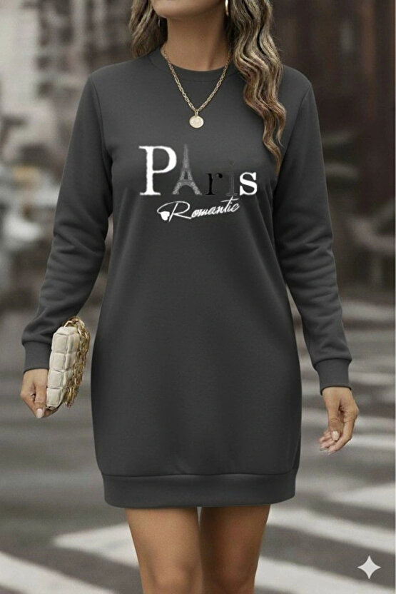 Kadın Uzun Kollu Bisiklet Yaka Yazılı Kısa Viskon Iki Iplik Elbise