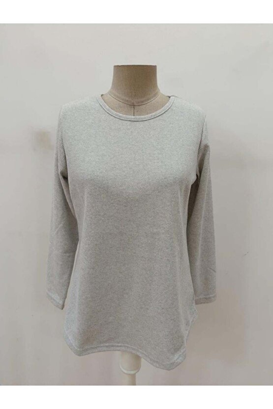 Kadın Uzun Kollu Yuvarlak Yaka Arkadan Düğmeli Waffle Bluz