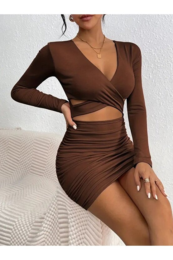 VİBE UNİCO Kadın Uzun Kollu çapraz Dekolte Detaylı Mini Sandy Elbise