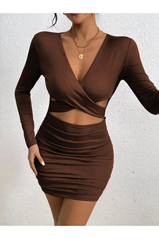 VİBE UNİCO Kadın Uzun Kollu çapraz Dekolte Detaylı Mini Sandy Elbise