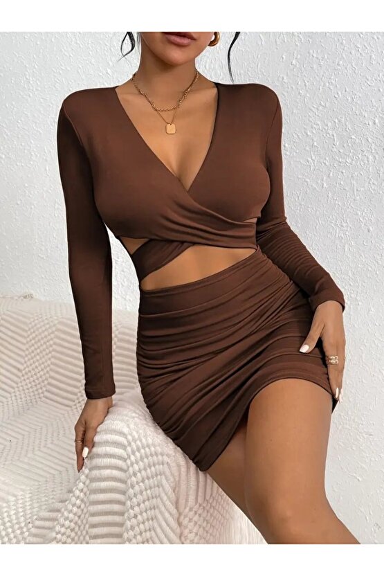 VİBE UNİCO Kadın Uzun Kollu çapraz Dekolte Detaylı Mini Sandy Elbise