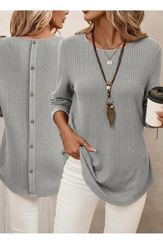 Kadın Uzun Kollu Yuvarlak Yaka Arkadan Düğmeli Waffle Bluz