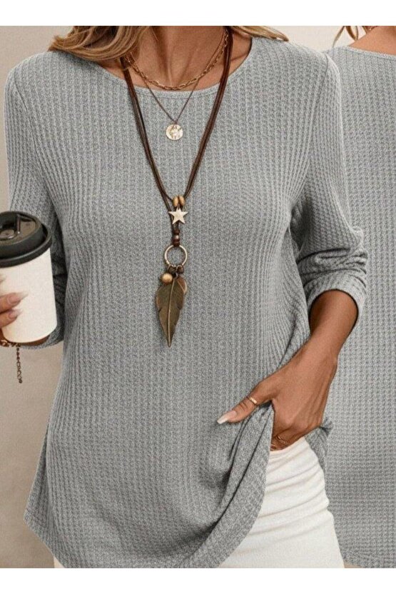 Kadın Uzun Kollu Yuvarlak Yaka Arkadan Düğmeli Waffle Bluz