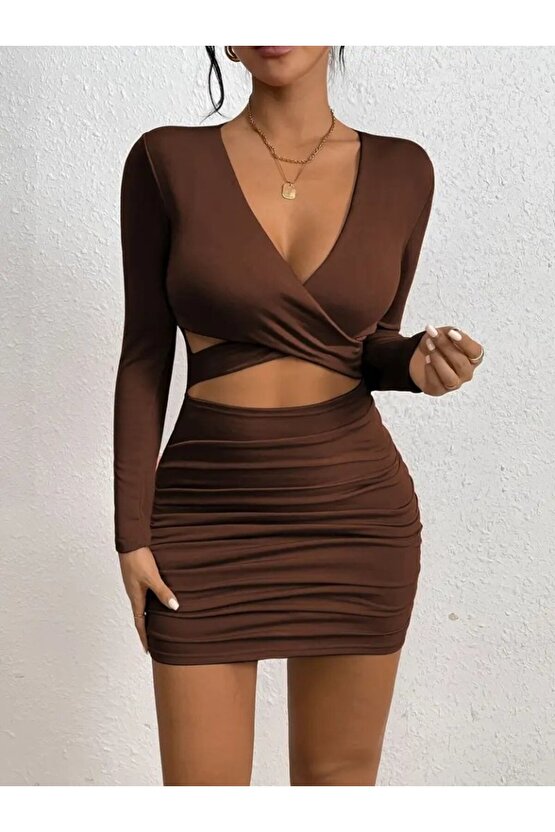 VİBE UNİCO Kadın Uzun Kollu çapraz Dekolte Detaylı Mini Sandy Elbise