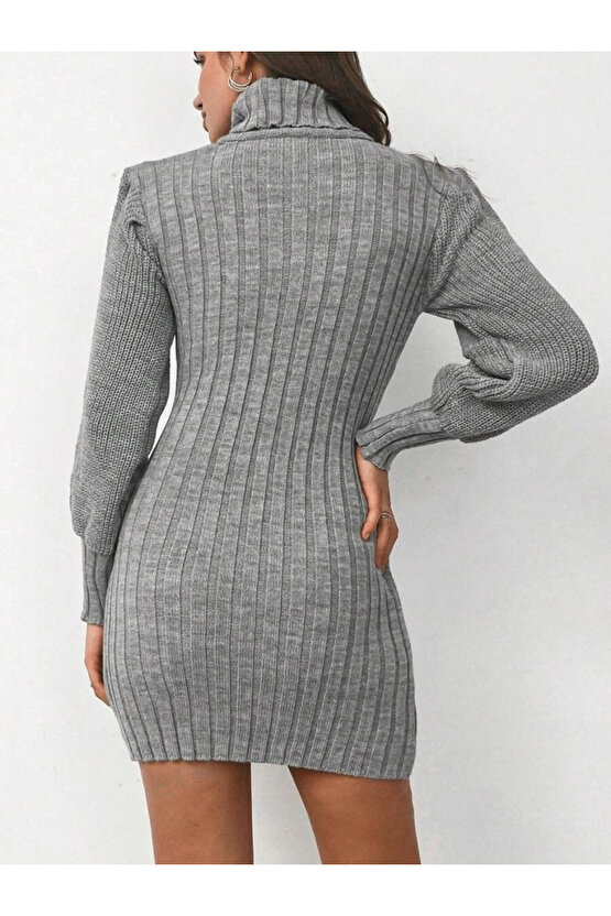 Kadın Uzun Kollu Balıkçı Yaka Beli Kuşaklı Mini Triko Elbise