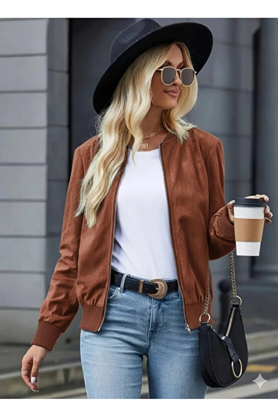 Kadın Uzun Kollu önden Fermuarlı Süet Ceket