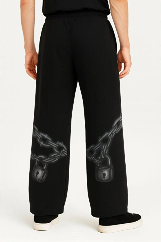 MDB Erkek Üç İplik Pamuklu Baskılı Cepli Jogger Buggy Pantalon Oversize Kalıp iyah