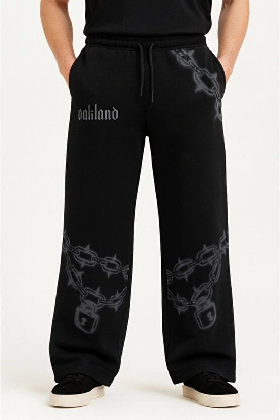 MDB Erkek Üç İplik Pamuklu Baskılı Cepli Jogger Buggy Pantalon Oversize Kalıp iyah