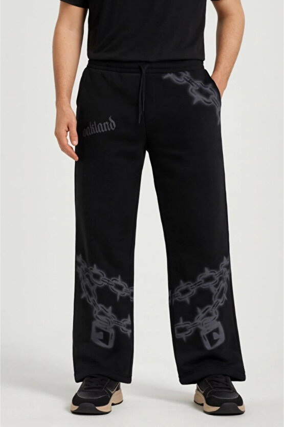 MDB Erkek Üç İplik Pamuklu Baskılı Cepli Jogger Buggy Pantalon Oversize Kalıp iyah