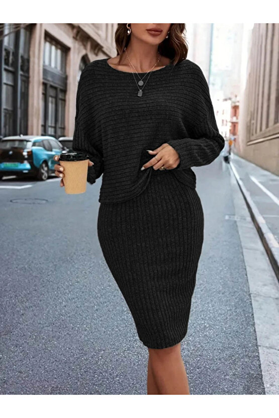 Kadın Uzun Kollu Iki Yanı Açık Yaka Detaylı Bluz Ve Etek şardonlu Kaşkorse Ikili Takım