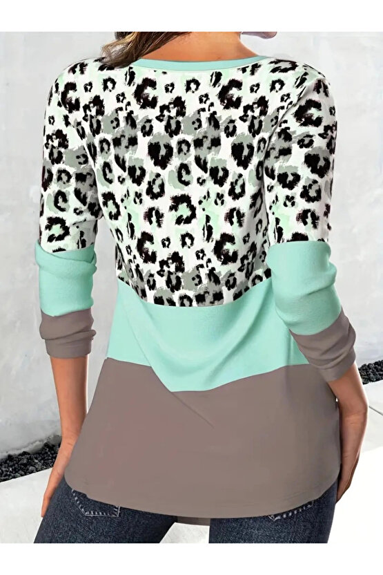 Kadın Uzun Kollu V Yakalı Leopar Baskılı şardonlu Dalgıç Bluz