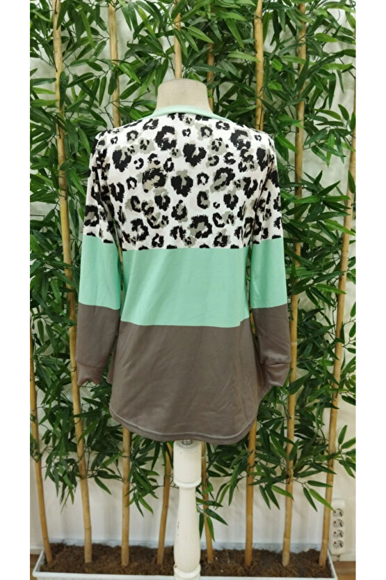 Kadın Uzun Kollu V Yakalı Leopar Baskılı şardonlu Dalgıç Bluz