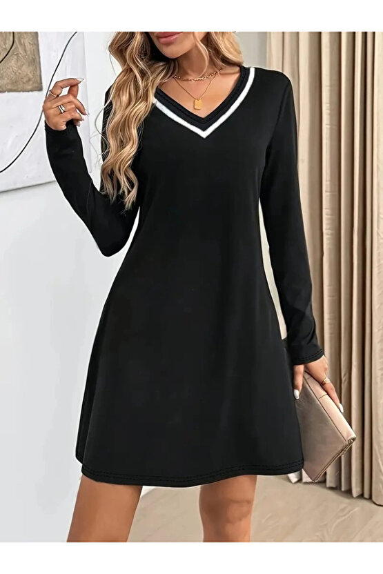 Kadın Uzun Kollu V şerit Yakalı Kısa Viskon Iki Iplik Elbise