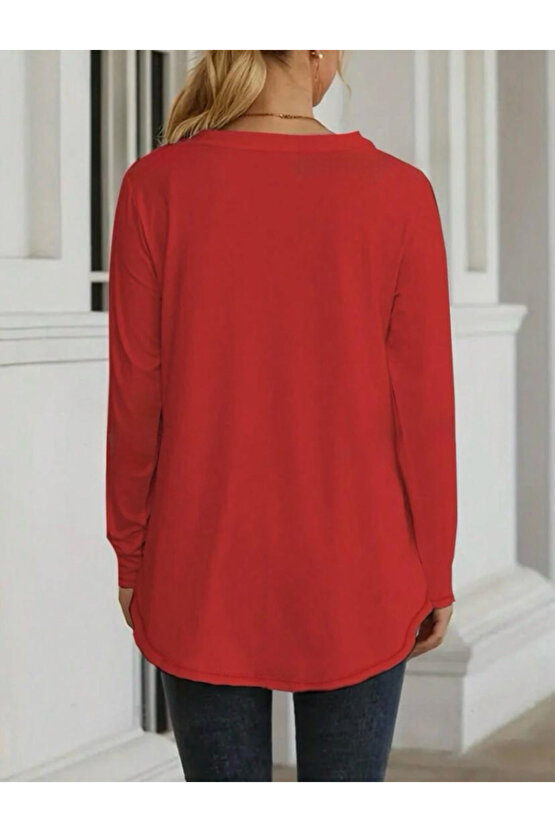 Turega Style Kadın Uzun Kollu Yuvarlak Yaka Salaş Iki Iplik Bluz