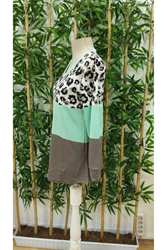 Kadın Uzun Kollu V Yakalı Leopar Baskılı şardonlu Dalgıç Bluz