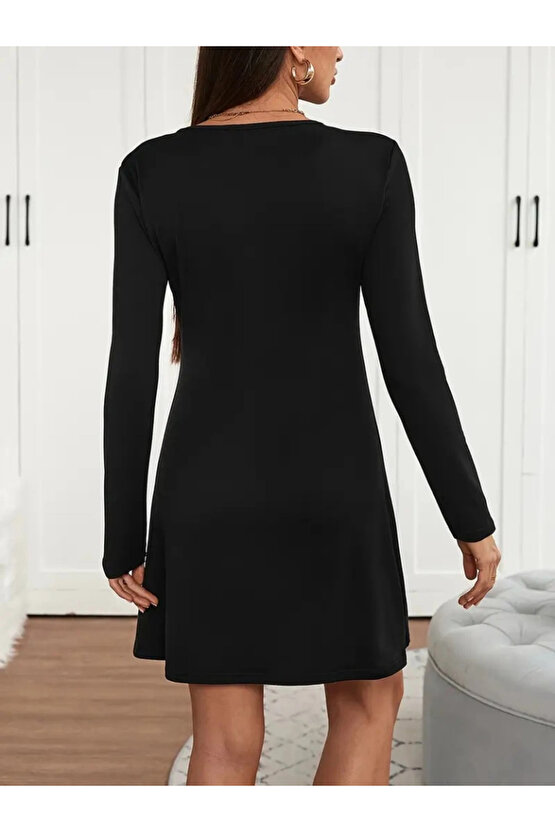 Kadın Uzun Kollu V şerit Yakalı Kısa Viskon Iki Iplik Elbise