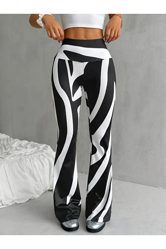 Kadın Yüksek Bel Zebra Desenli Dalgıç Tayt