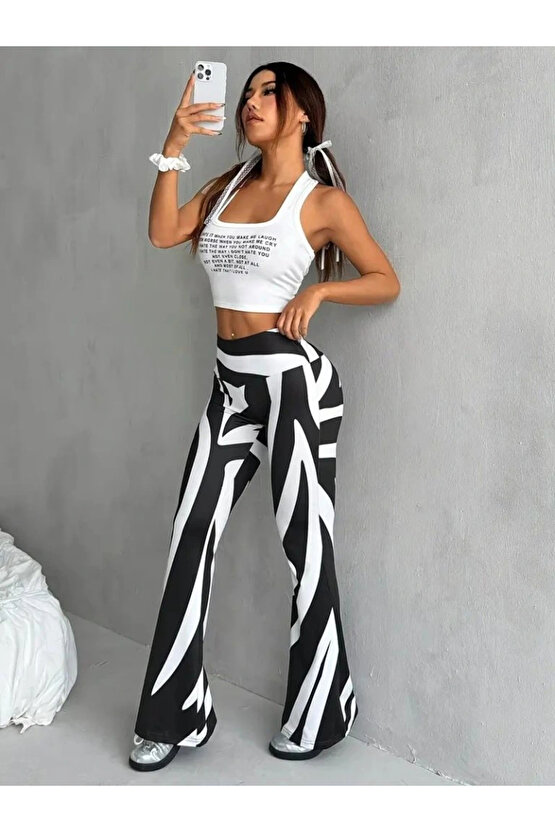 Kadın Yüksek Bel Zebra Desenli Dalgıç Tayt