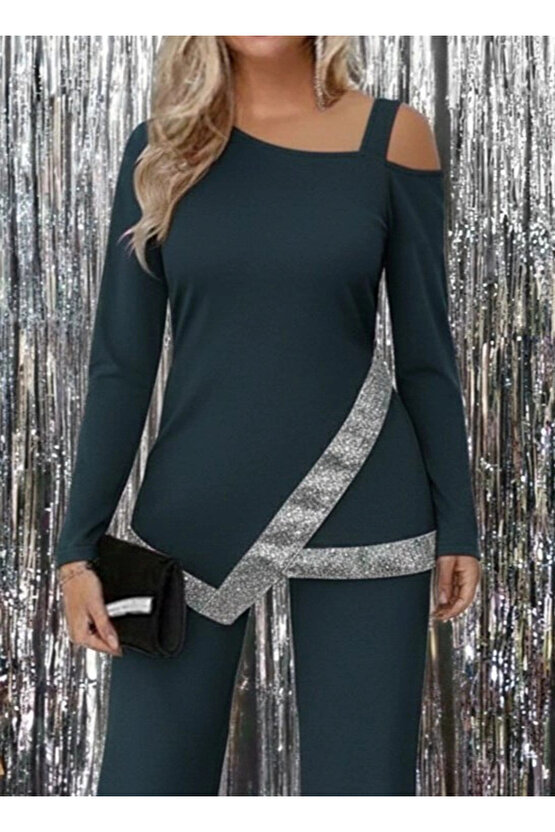 Kadın Tek Omuzdan Açık Uzun Kollu önü Pulpayet Ithal Krep Bluz Ve Pantolon