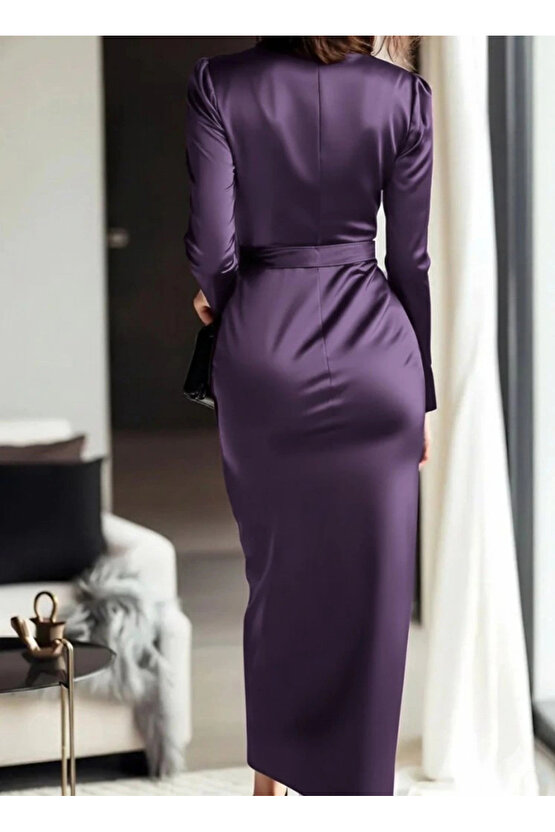 Kadın Uzun Kollu Kruvaze Yakalı Beli Kuşaklı Uzun Saten Elbise
