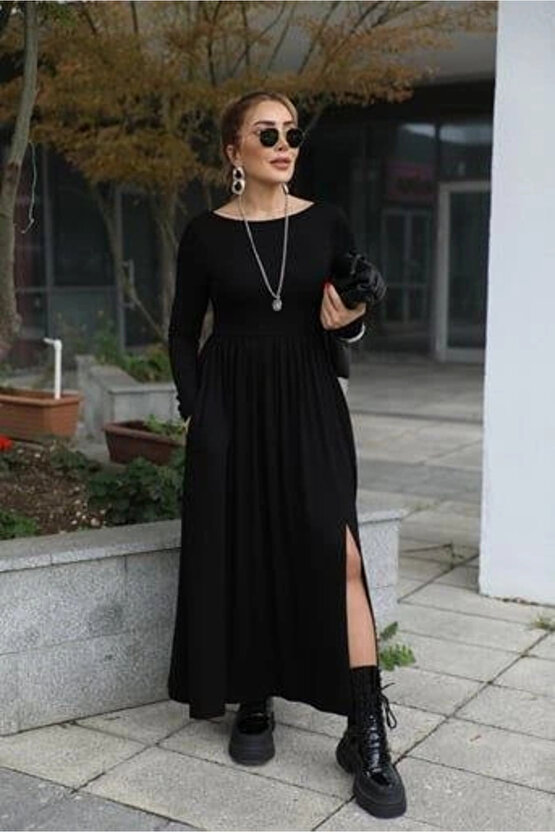 Kadın Kayık Yaka Sırt Dekoltesi Ve Yırtmaç Detay Maxi Boy Elbise