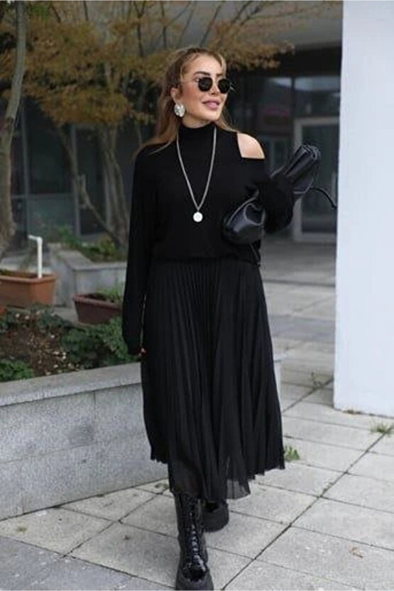 Kadın Triko Plise Ve Tül Detay Iki Parça Elbise