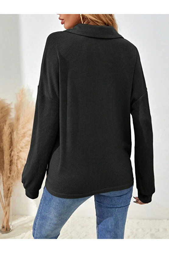 MDB Kadın Uzun Kollu Yakalı Düğmeli Salaş Waffle Bluz