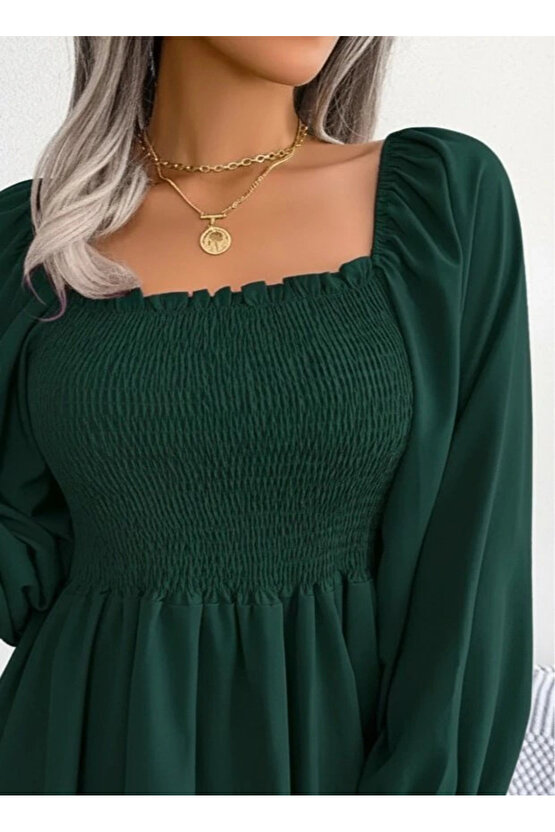 Kadın Uzun Kollu Geometrik Yakalı Gipe Detaylı Krep Bluz