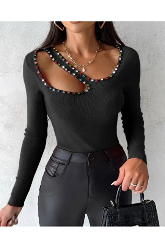 Kadın Uzun Kollu Yaka Taş Ve Dekolte Detay Kaşkorse Bluz