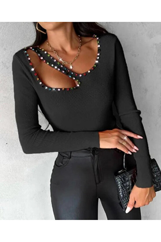 Kadın Uzun Kollu Yaka Taş Ve Dekolte Detay Kaşkorse Bluz