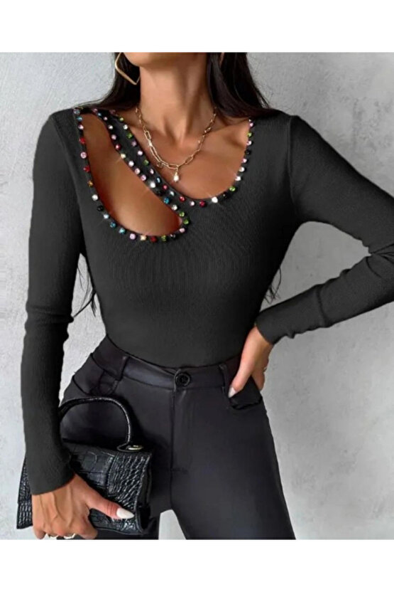 Kadın Uzun Kollu Yaka Taş Ve Dekolte Detay Kaşkorse Bluz