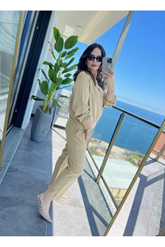 Kadın Uzun Kollu önden Fermuarlı Modal Ceket Ve Pantolon Ikili Takım