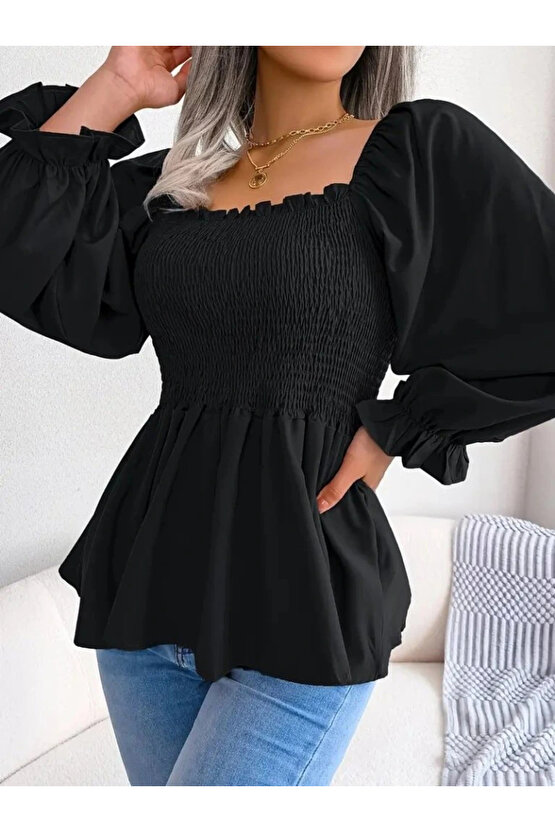 Kadın Uzun Kollu Geometrik Yakalı Gipe Detaylı Krep Bluz